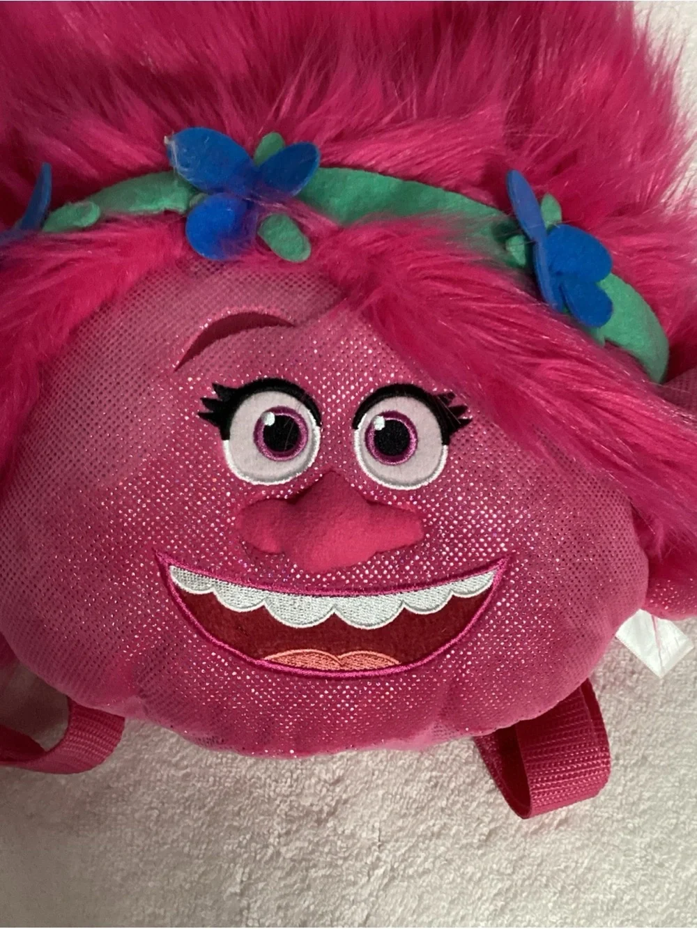 Dreamworks Trolls Poppy Pink Plush Zippered Backpack Bag EUC